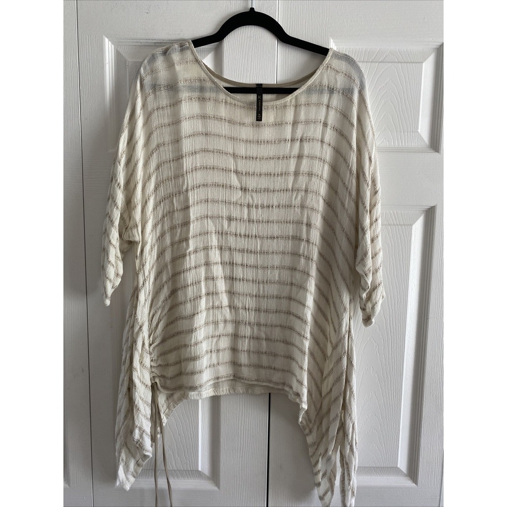 IC by Connie K Ruched Sharkbite Tunic Womens XL White Tan Stripe Linen Blend